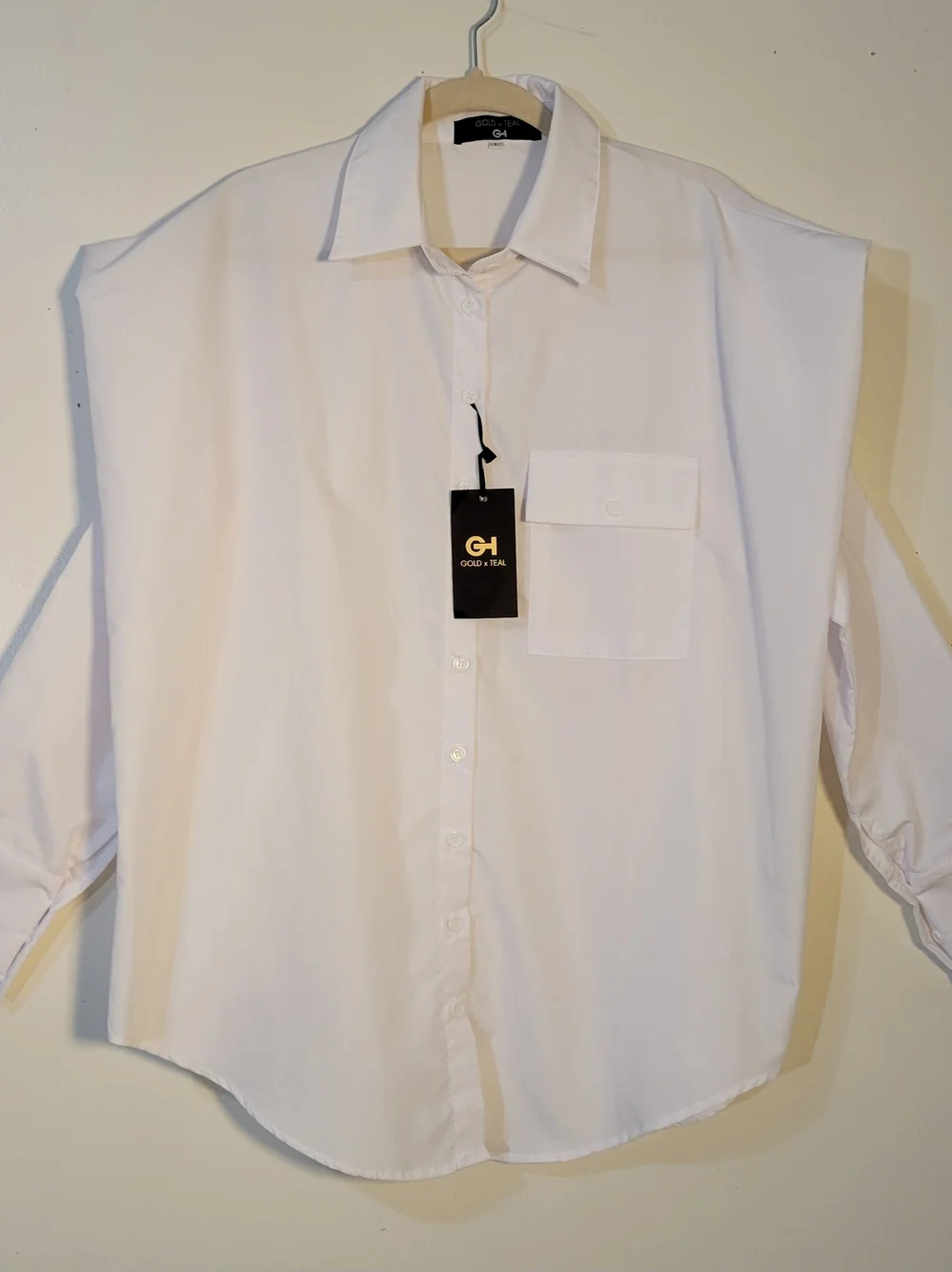 Gold X Teal (Womens L) High Pointed Shoulder Over-sized White Button-Down Shirt - Picture 6 of 10